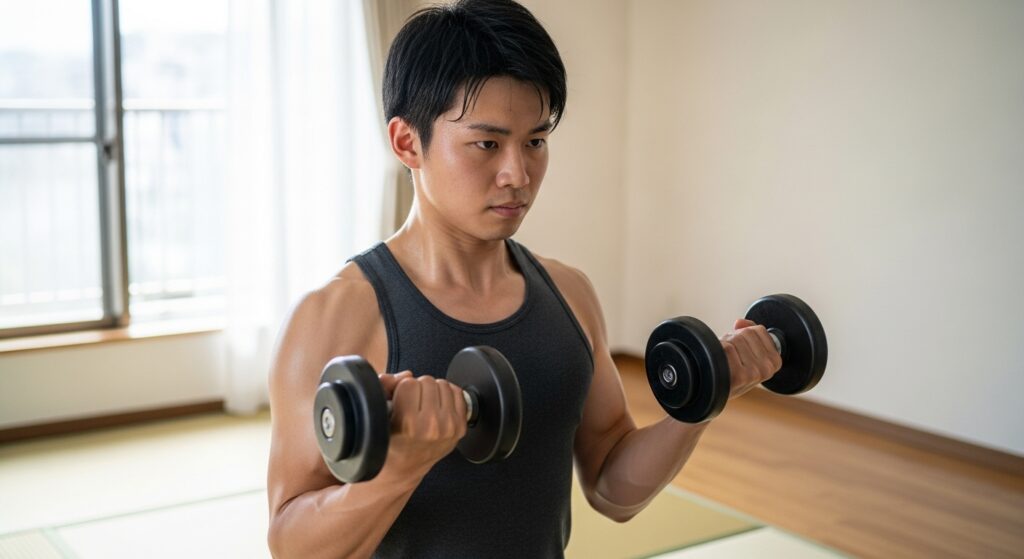 自宅でダンベルトレーニングをする20代日本人男性
