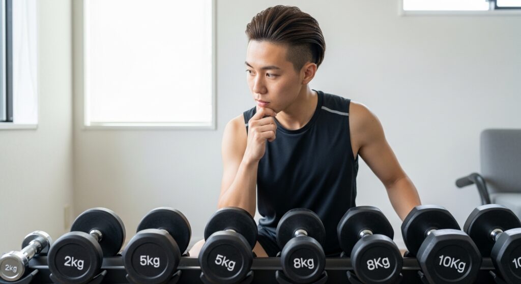 異なるトレーニング目標に適したダンベル重量を選ぶ20代日本人