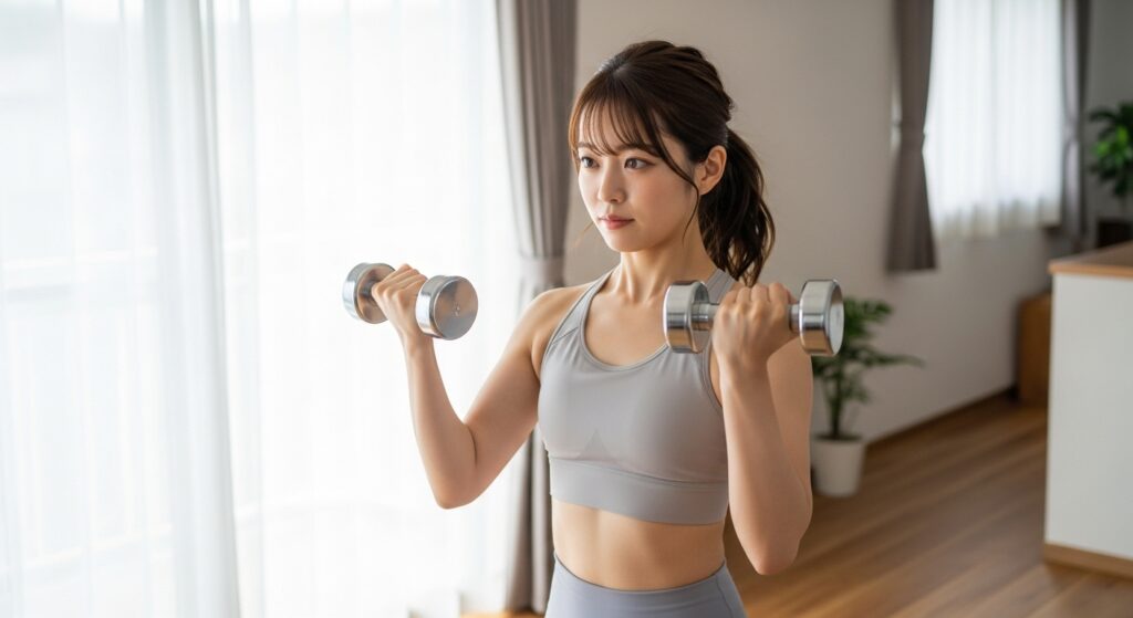 自宅で軽いダンベルトレーニングをする20代日本人女性