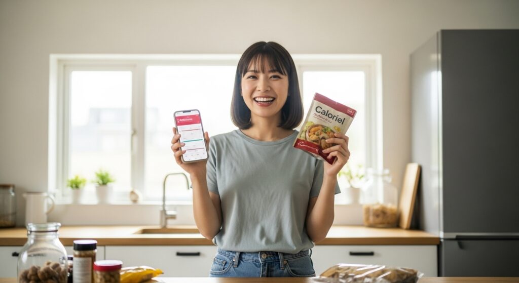 キッチンでスマホを使ってカロリー計算をして笑顔の若い日本人女性