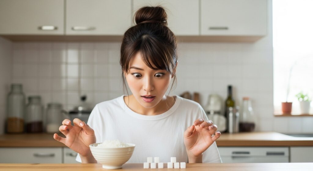 ご飯と角砂糖を比較する女性