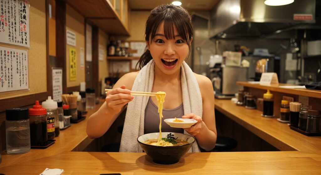 運動後にスポーツブラ姿でラーメンスープから油を取り除く若い日本人女性
