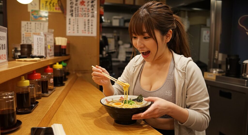 スポーツブラを着た運動系の若い日本人女性がラーメン店で箸を使ってラーメンスープから油を取り除いている様子