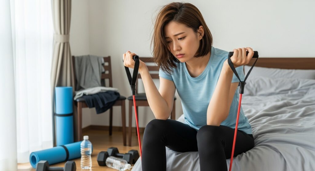 散乱した運動器具に囲まれ、フィットネス習慣化の失敗を表現する落胆した日本人女性