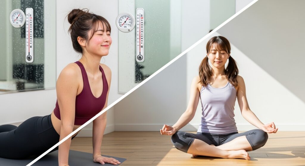 ホットヨガと常温ヨガを斜め分割で比較する日本人女性