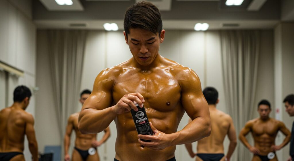 大会前にオイルを塗る日本人ボディビルダー
