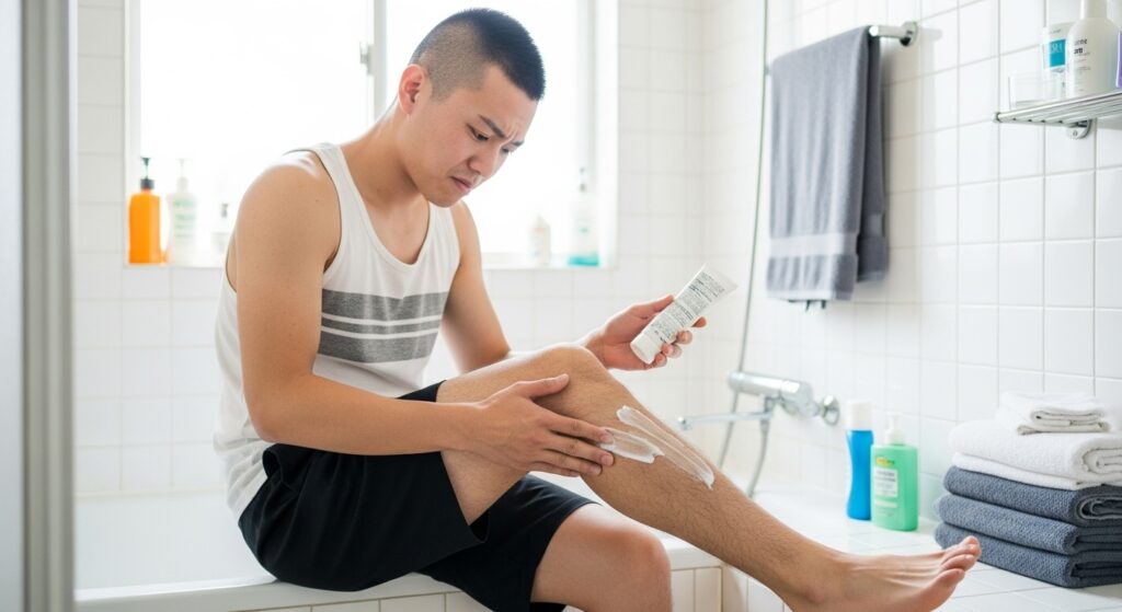バスルームで脱毛クリームを足に塗る日本人男性