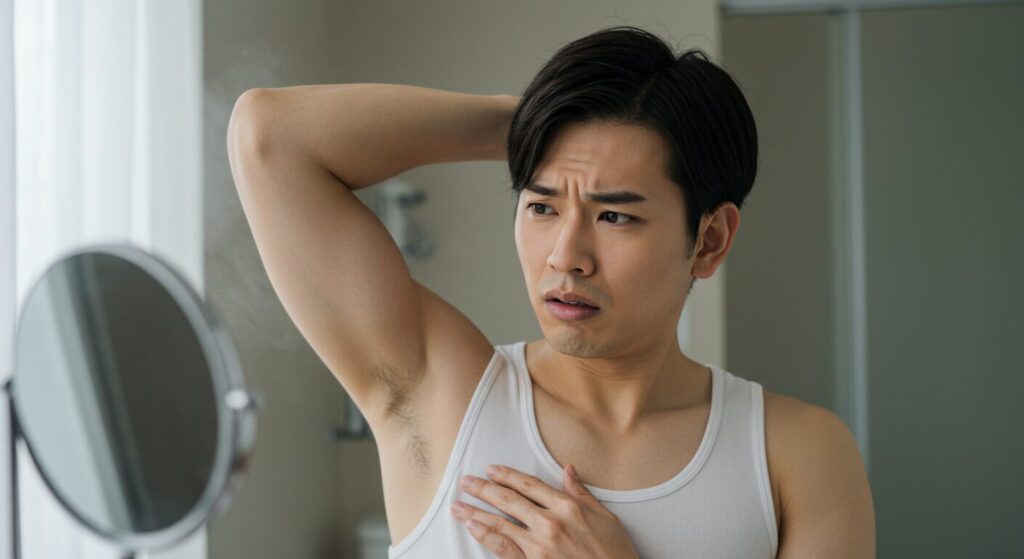 浴室の鏡の前で不安そうな表情で脇毛を確認する日本人男性