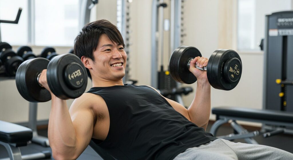 ジムでダンベルベンチプレスをする日本人男性