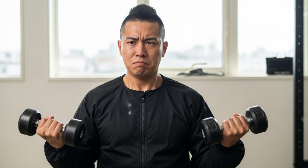黒いサウナスーツを着て筋トレをする困惑した表情の日本人男性
