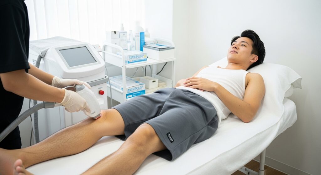 クリニックでレーザー脱毛施術を受ける日本人男性