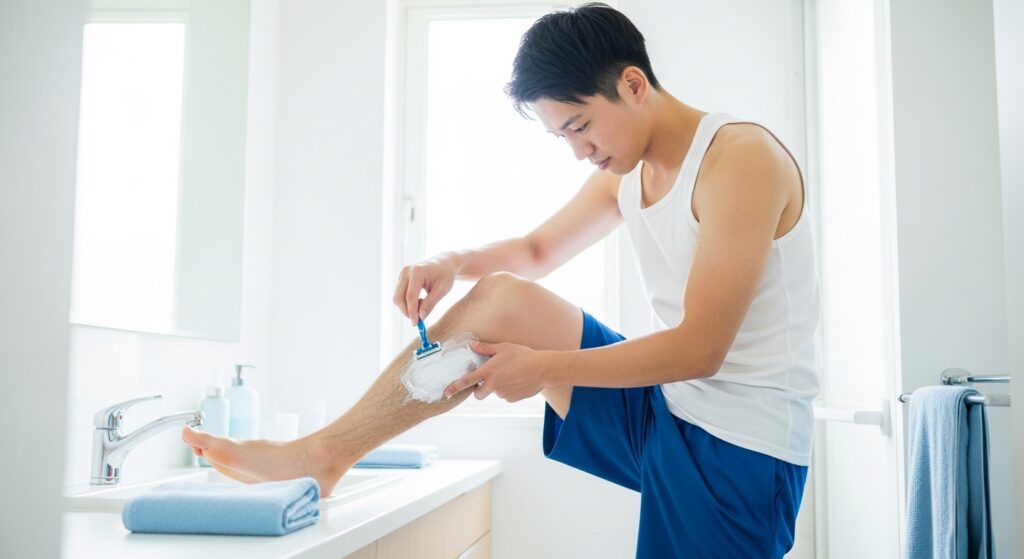 短パン姿の日本人男性が洗面所で足を剃っている様子