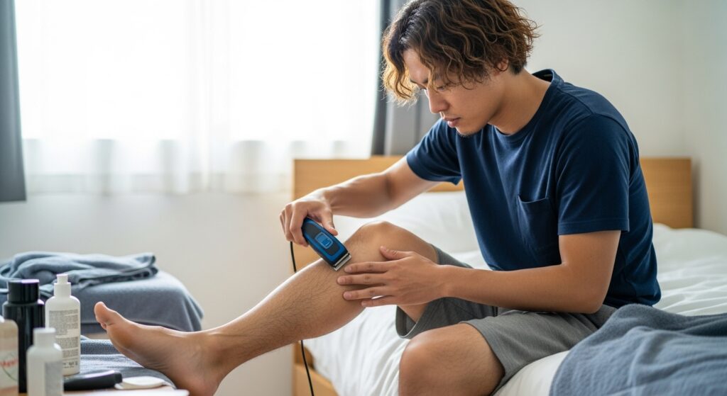 ベッドルームで電気シェーバーで足の手入れをする日本人男性