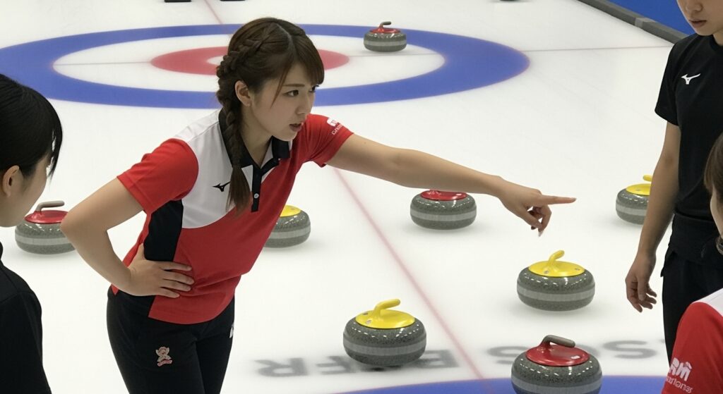 スキップとして氷上を分析しカーリングチームに戦略的指示を出す日本人女性