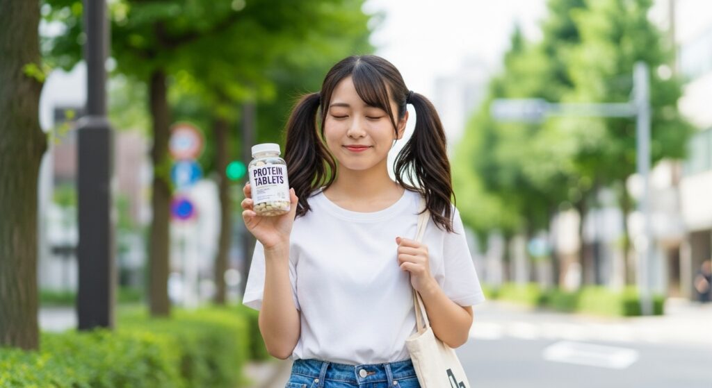 プロテイン錠剤ボトルを持ち歩く日本人女性