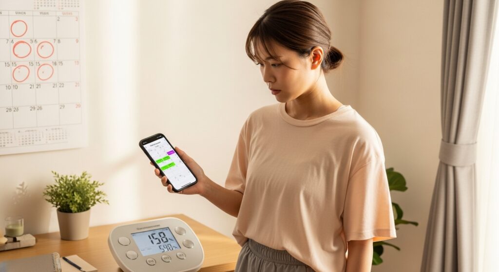 体組成計で体脂肪率を確認しながらフィットネスカレンダーアプリで増量期の開始日を計画する日本人女性