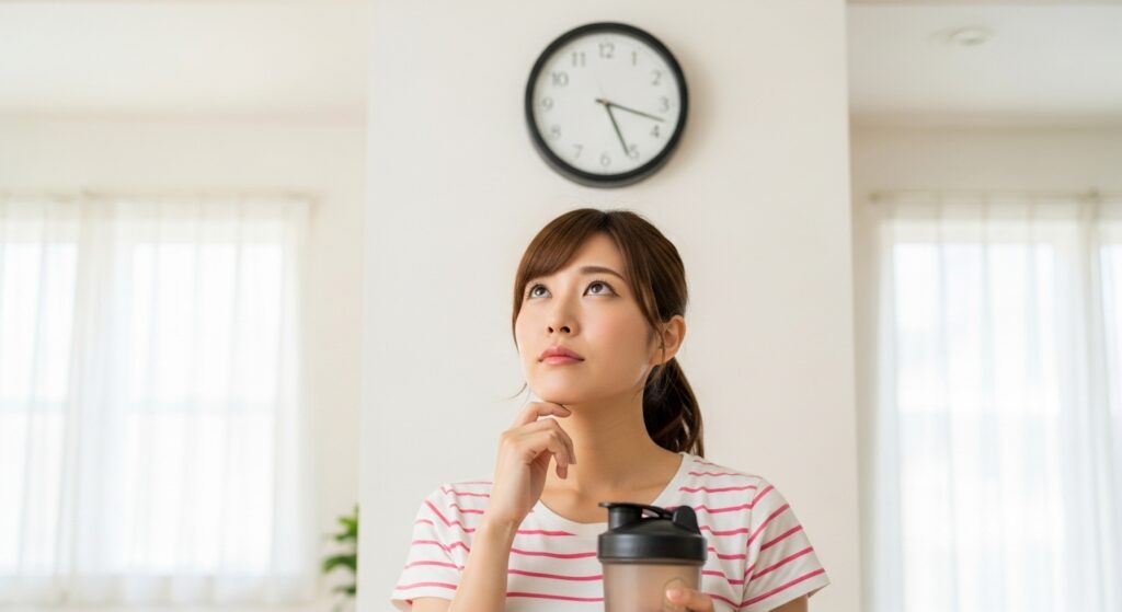 プロテイン摂取のタイミングを確認する日本人女性