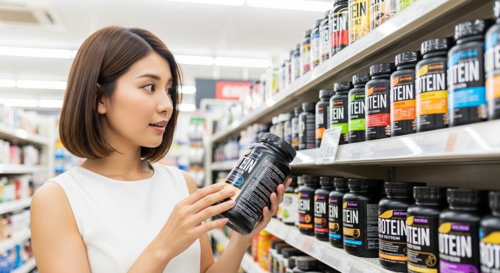 店舗でプロテイン商品を選ぶ日本人女性