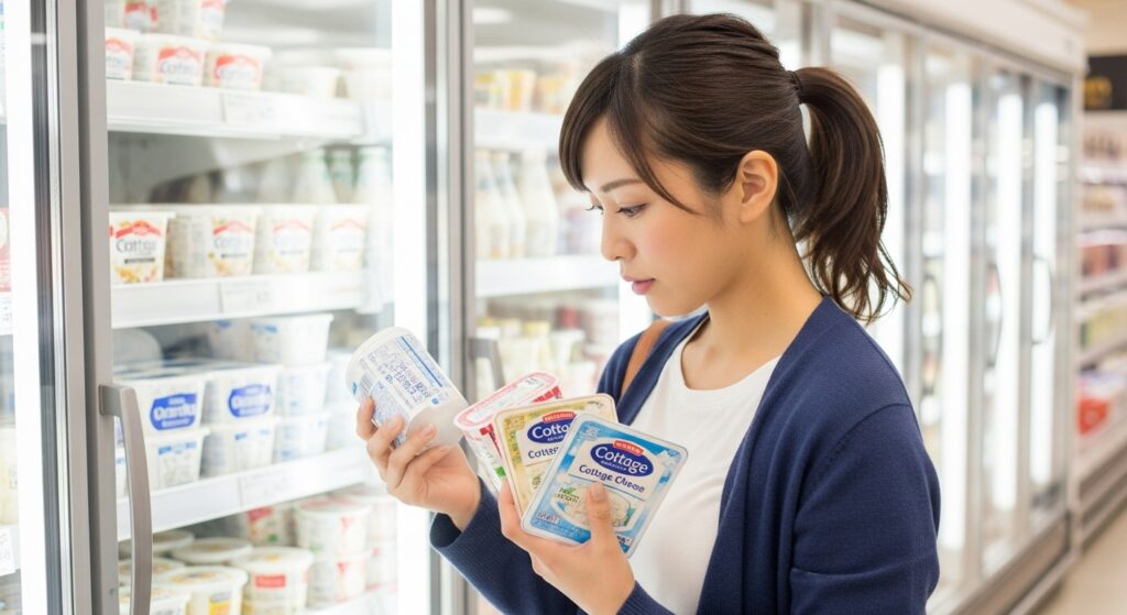 スーパーでカッテージチーズ商品を比較する日本人女性