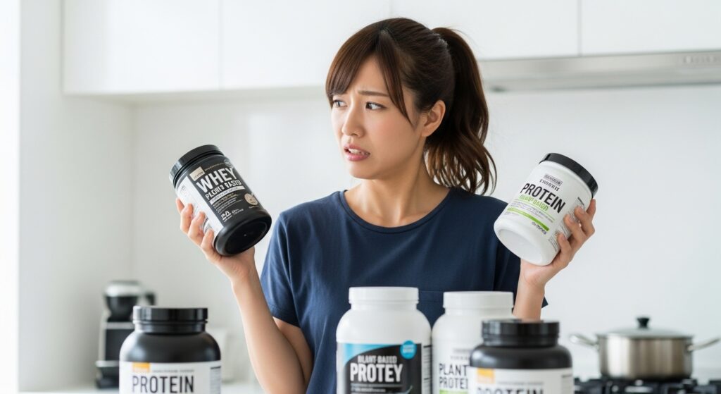 キッチンで異なるプロテインを比較する日本人女性