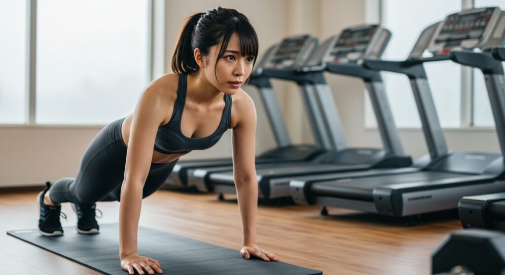 ジムでHIITトレーニングをする日本人女性