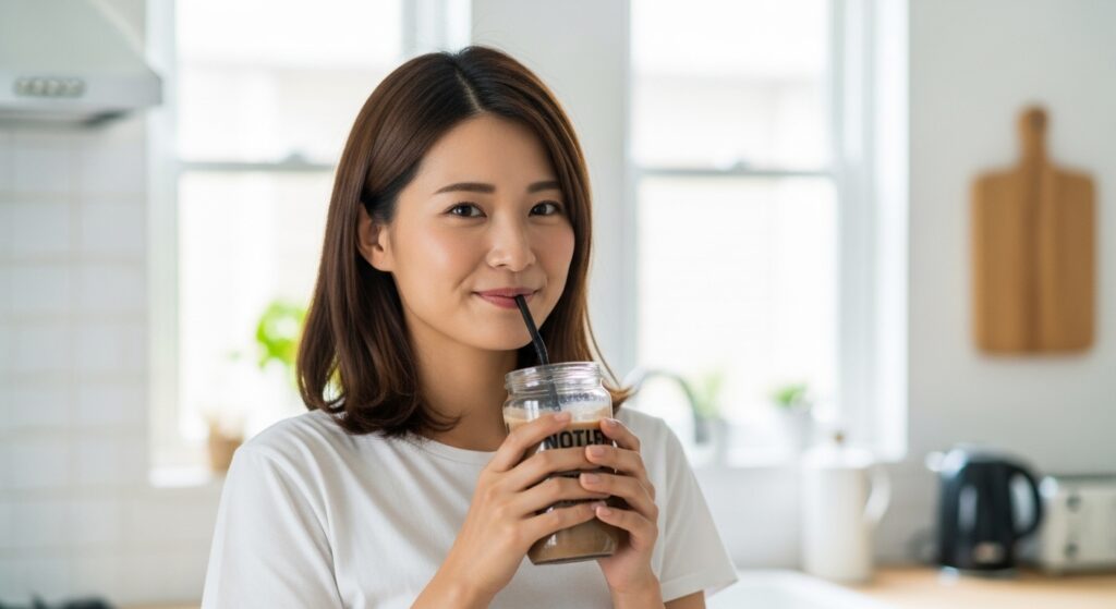 キッチンでプロテインシェイクを飲む日本人女性
