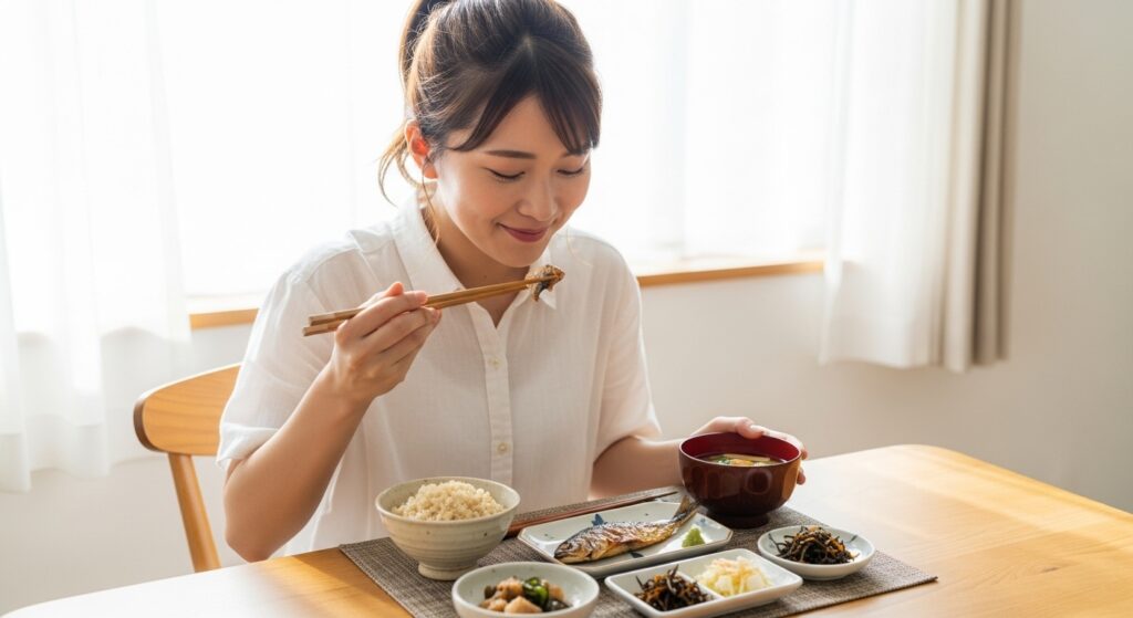 玄米と焼き魚の健康的な和朝食を楽しむ日本人女性
