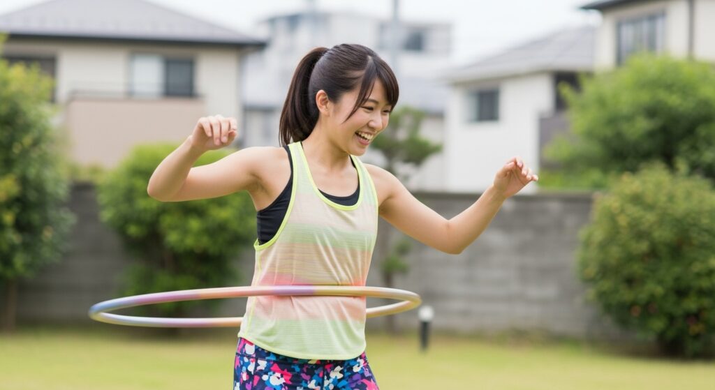  庭でフラフープを楽しむ日本人女性