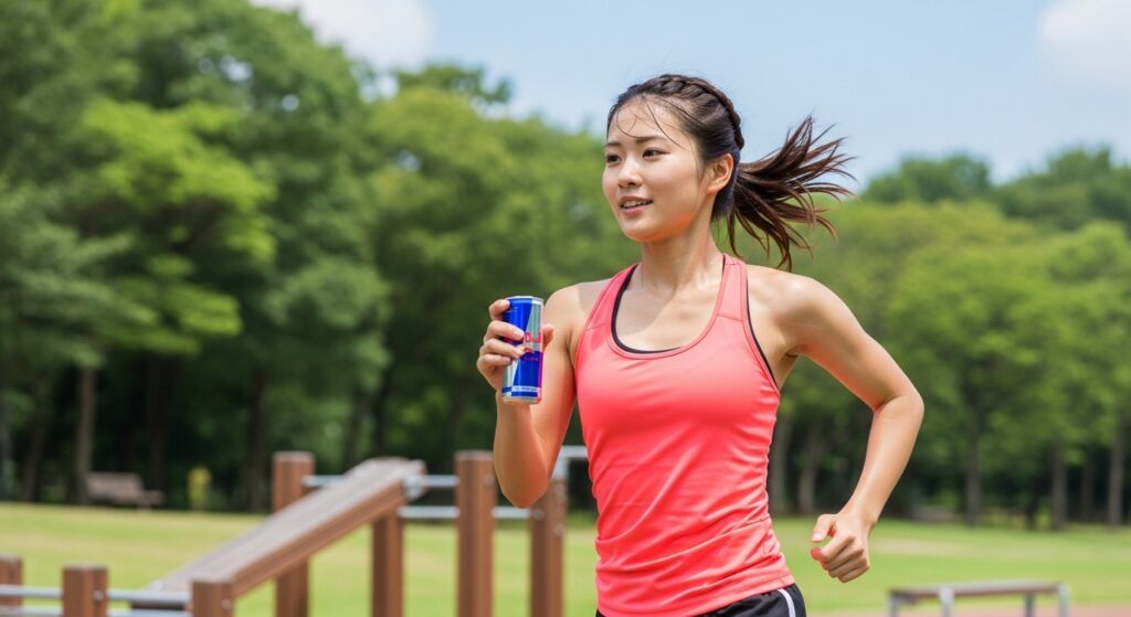 レッドブルを飲んで持久力が向上したジョギング中の日本人女性