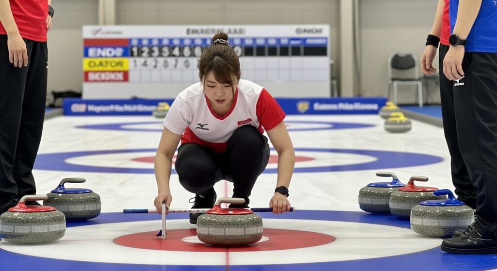 公式スコアを判定するためにカーリングストーンの距離を測定する日本人女性