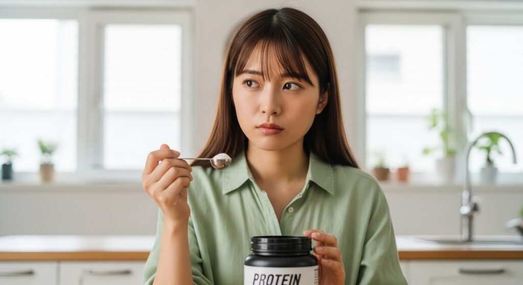プロテインパウダーの量を測る日本人女性