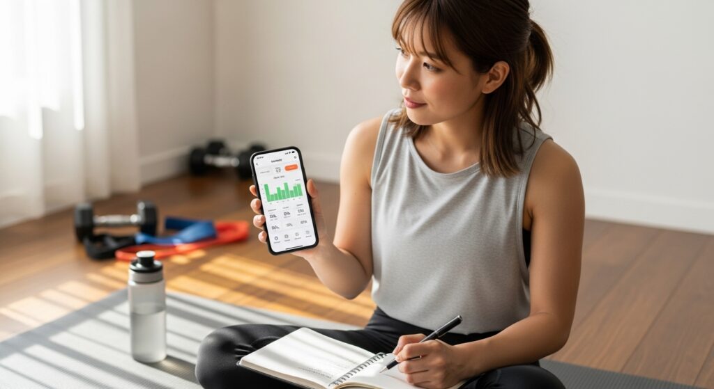 自宅でフィットネスアプリを確認しながらワークアウト日誌に増量期と減量期の計画を書き込む日本人女性