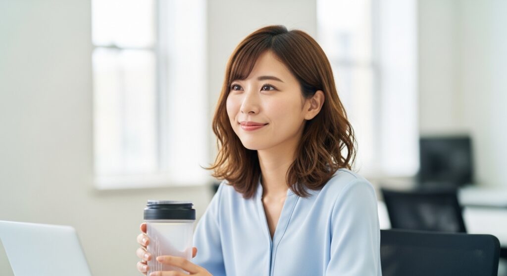 オフィスでプロテインドリンク後に満足する日本人女性