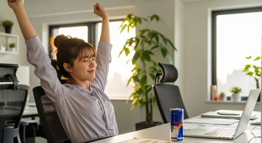 オフィスでレッドブルを飲んで疲労回復した日本人女性