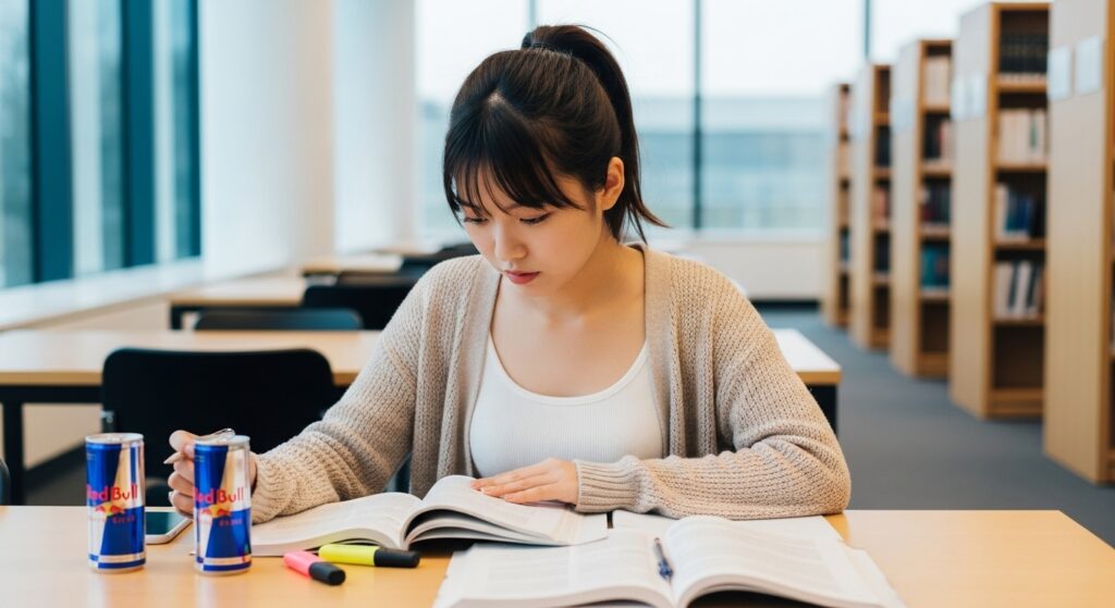 レッドブルを飲んで集中力が向上した勉強中の日本人女性