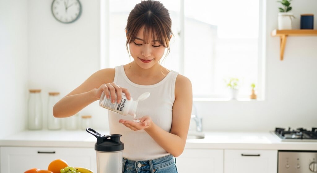 キッチンでプロテイン錠剤を摂取する日本人女性