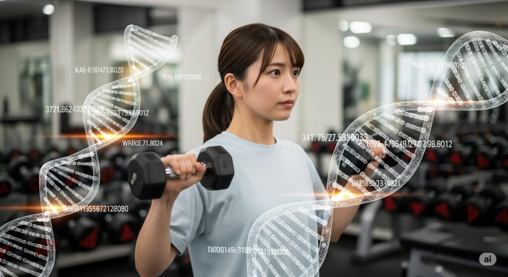 DNA遺伝子の可視化と筋力トレーニングをする日本人女性