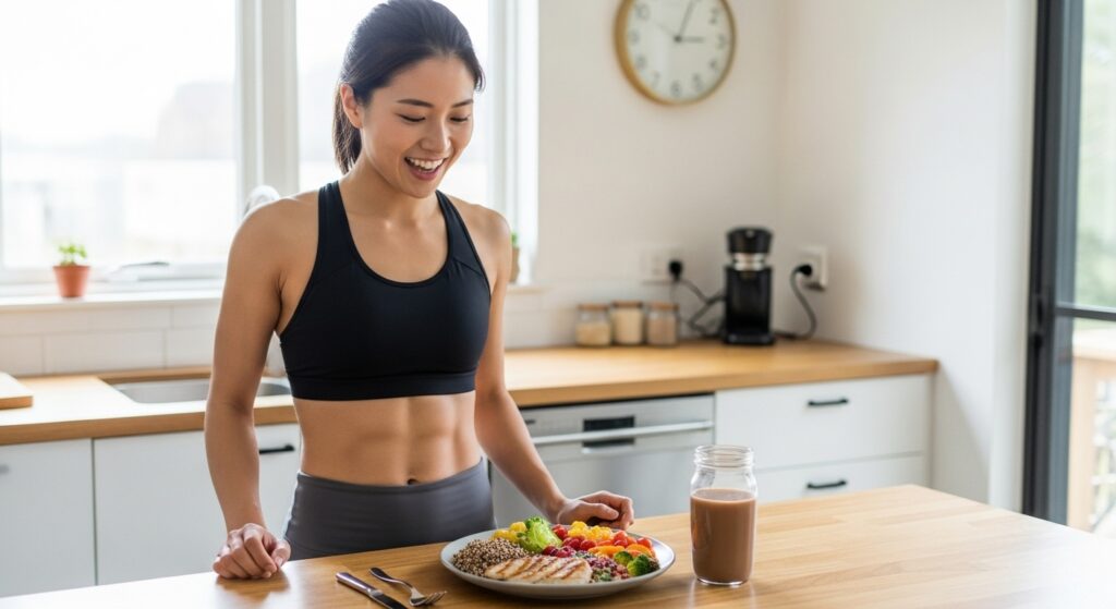 引き締まったウエストの日本人女性がキッチンでアスリート食事を楽しんでいる様子