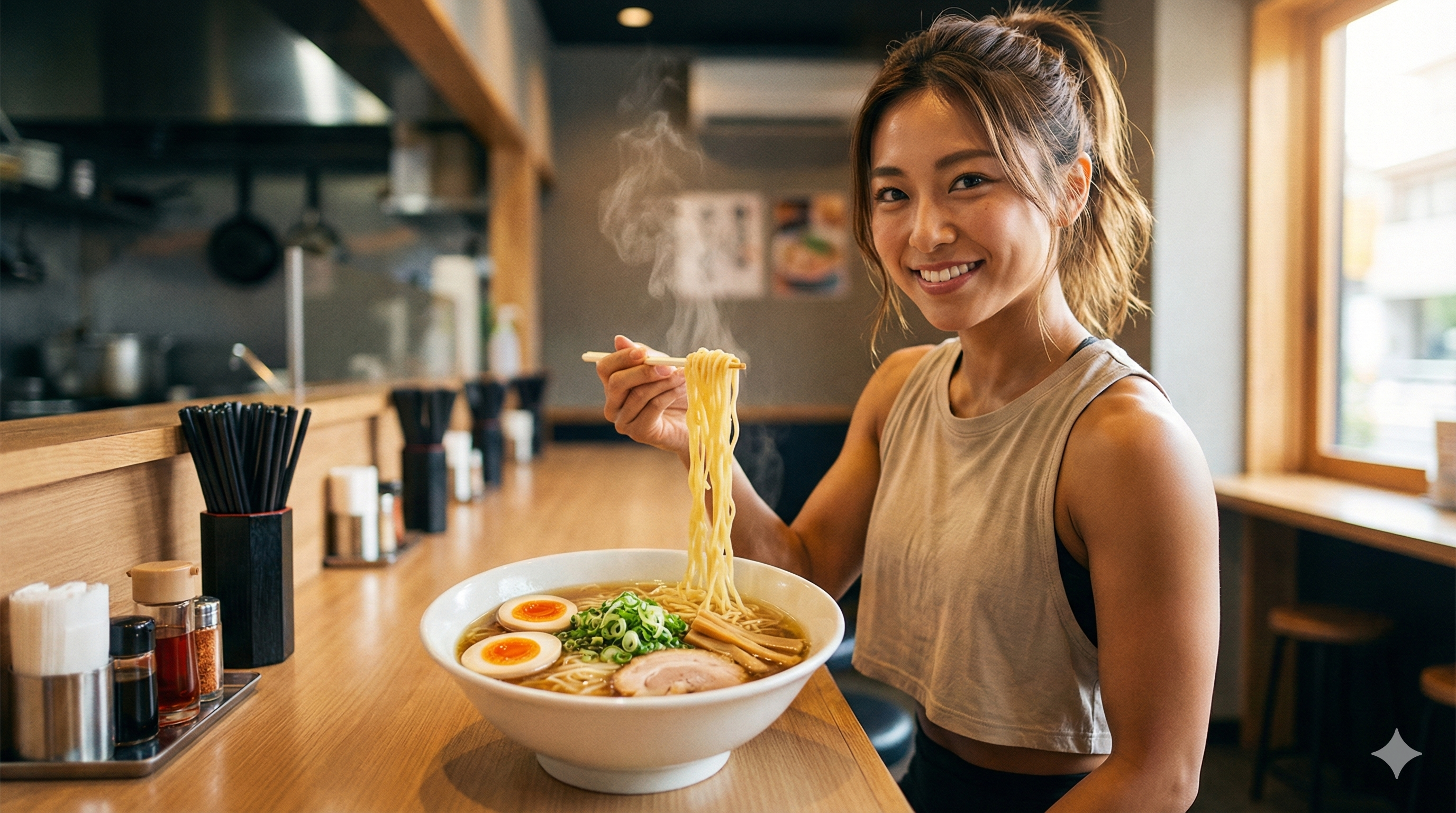 フィットネスウェアを着た若い女性が、ラーメン屋のカウンターで笑顔でラーメンの麺を箸で持ち上げている