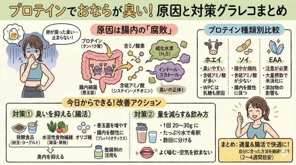 プロテインでおならが臭い！原因と対策グラレコまとめ