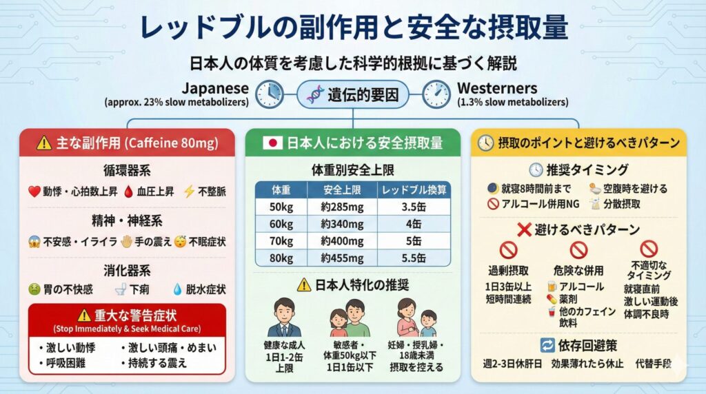 日本人の遺伝的要因を考慮した、レッドブルの副作用、体重別安全摂取量、および適切な摂取方法と注意点をまとめたインフォグラフィック