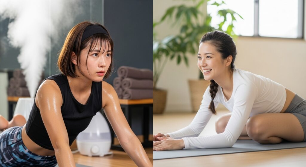ホットヨガと常温ヨガのポーズを並べて比較する日本人女性