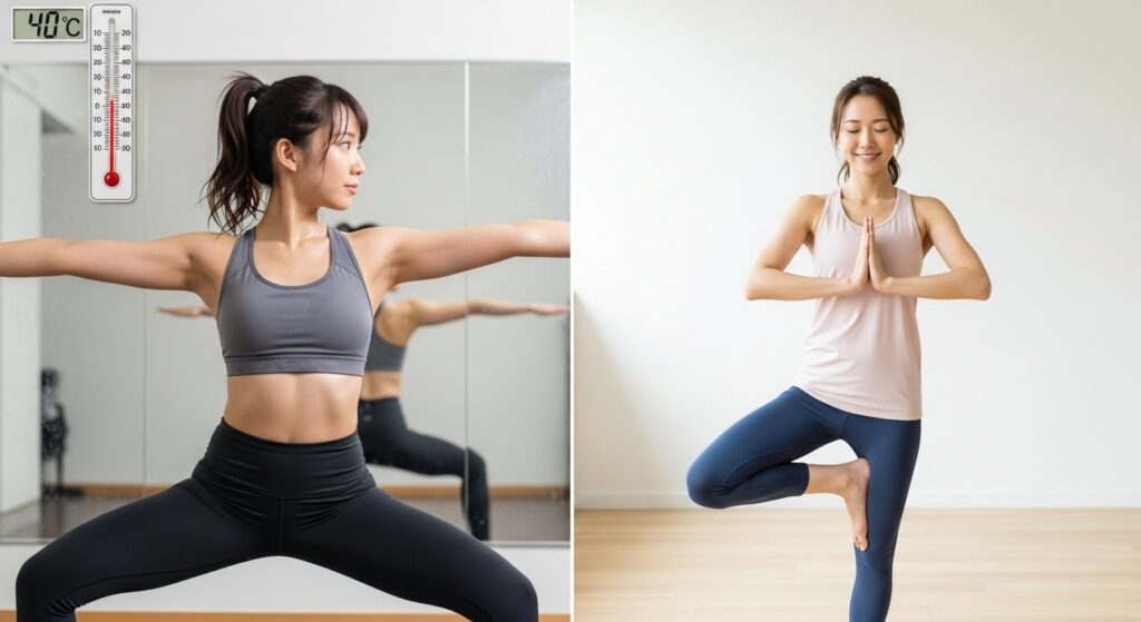 ホットヨガと常温ヨガを比較する日本人女性の分割画像