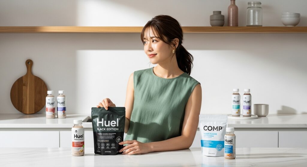 ミニマリストなキッチンでHuelとCOMPの完全栄養食を持つ若い日本人女性のスタイリッシュなプロモーション写真