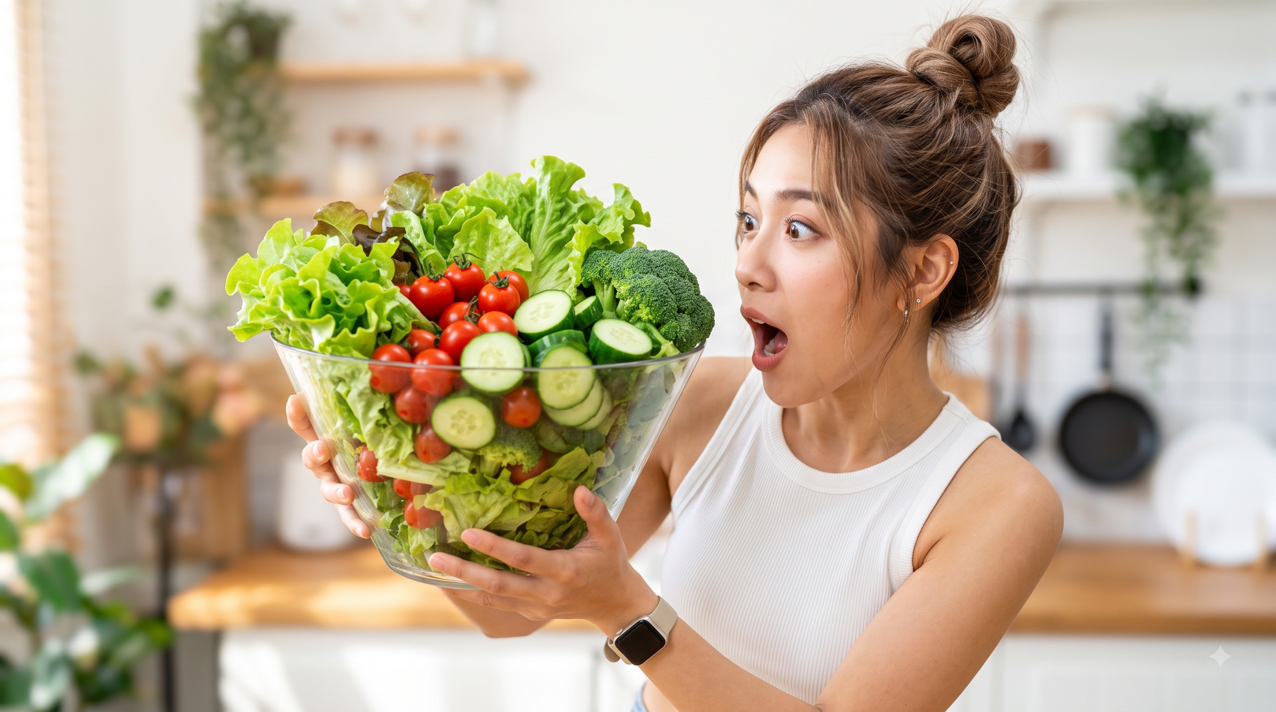 山盛りの野菜が入った大きなガラスボウルを持って驚いた表情をしている若い女性