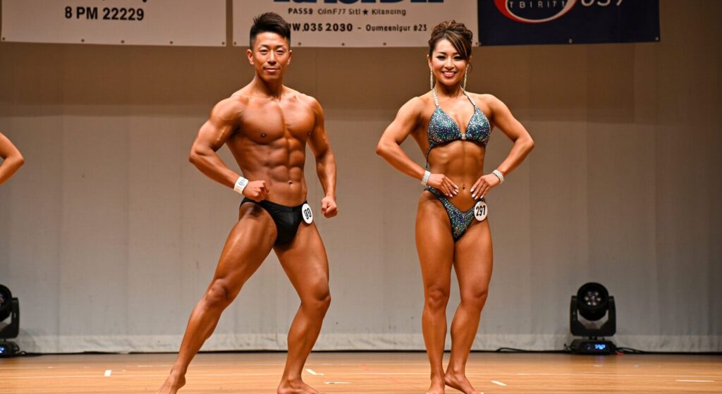 コンテストステージの日焼けした日本人ボディビルダー