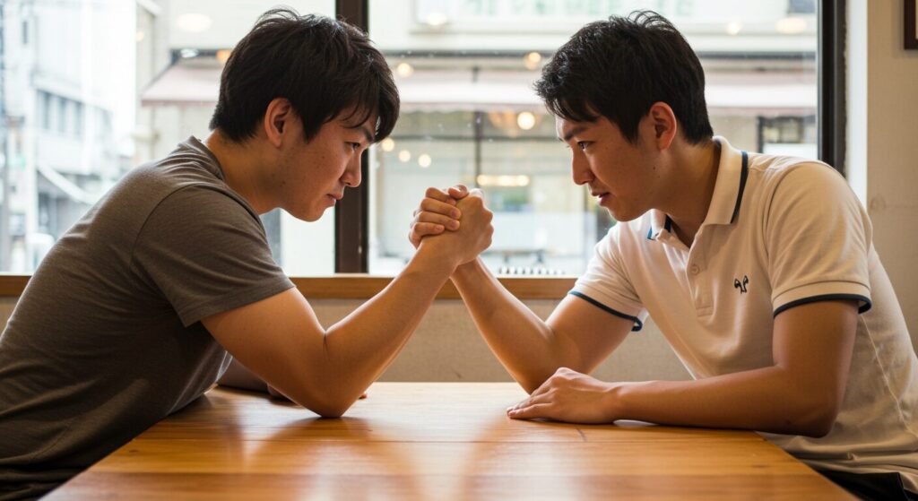 カフェのテーブルで腕相撲のテクニックを実演する20代前半の日本人男性2人