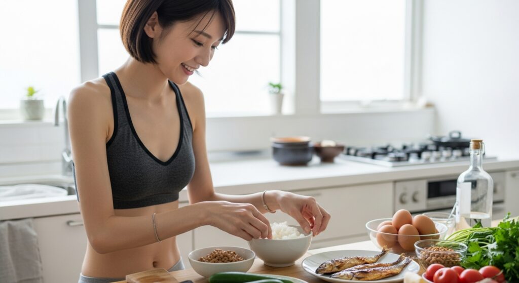 非常に華奢な日本人女性がキッチンで健康的な食事を準備している様子