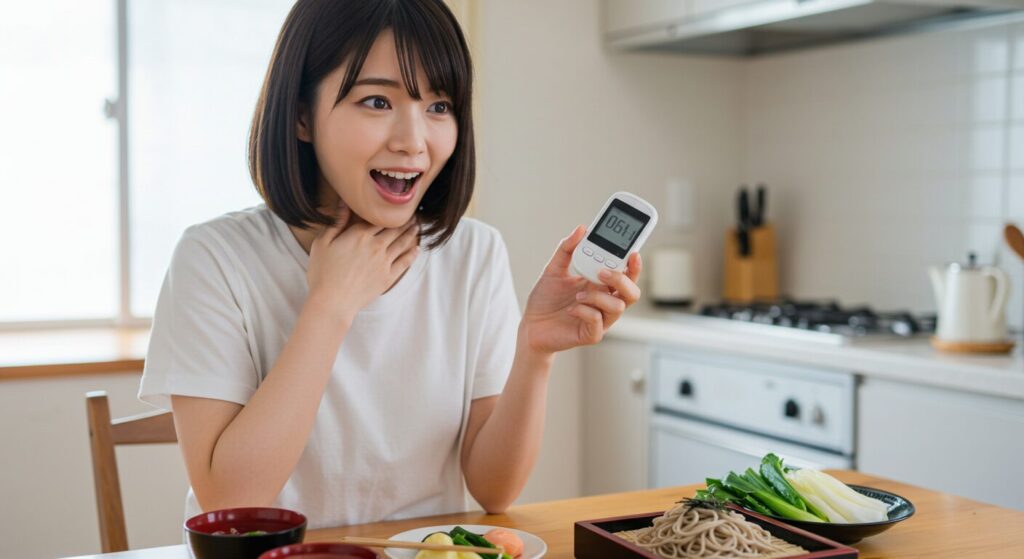 蕎麦を食べた後に血糖値を測定する女性