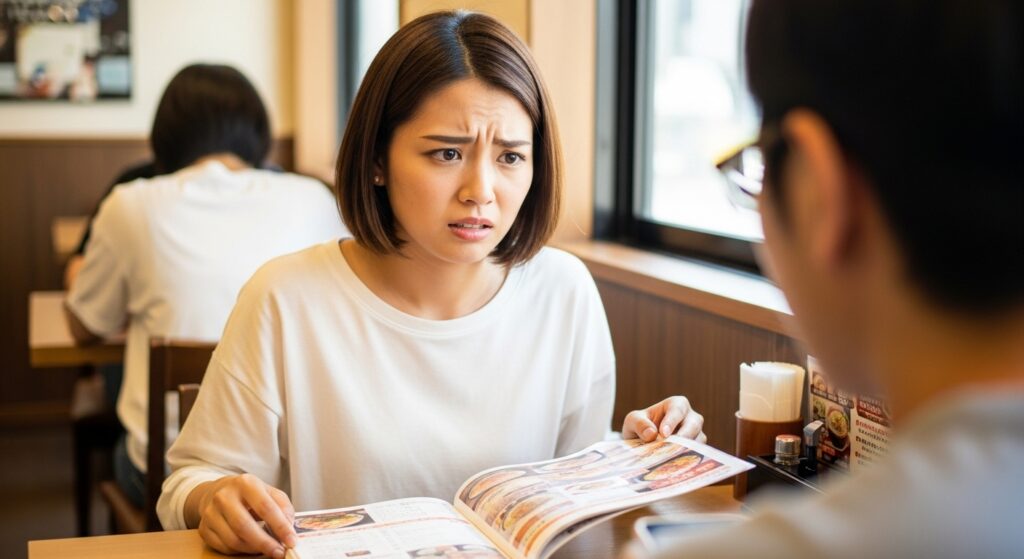 レストランで食事を選ぶ女性
